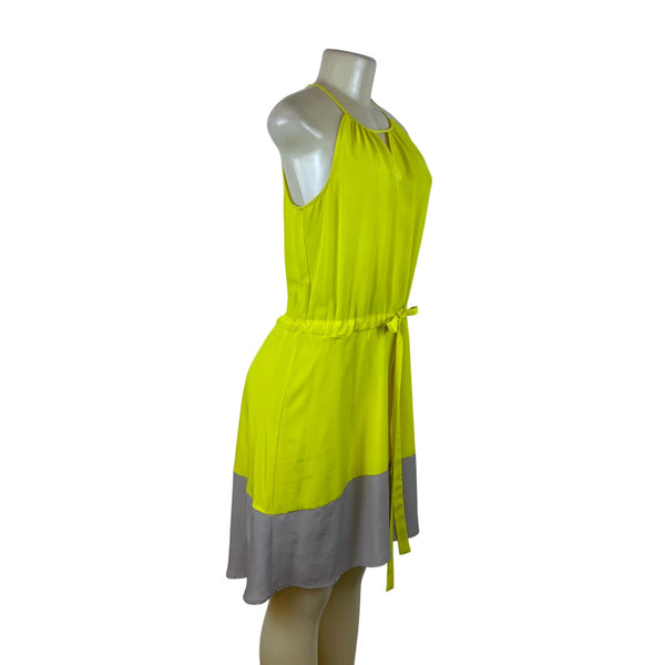 Bar III Women's Yellow Sleeveless Halter Dress W/ Tie Waist & Gray Hem Sz S