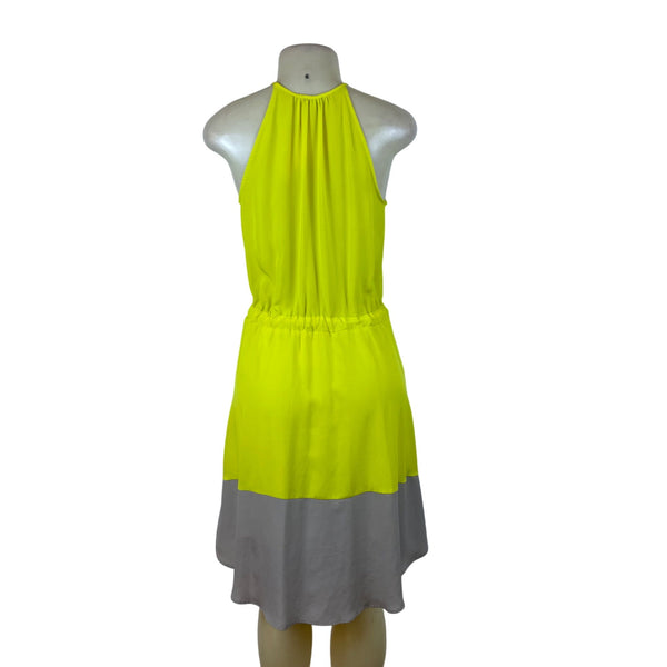 Bar III Women's Yellow Sleeveless Halter Dress W/ Tie Waist & Gray Hem Sz S