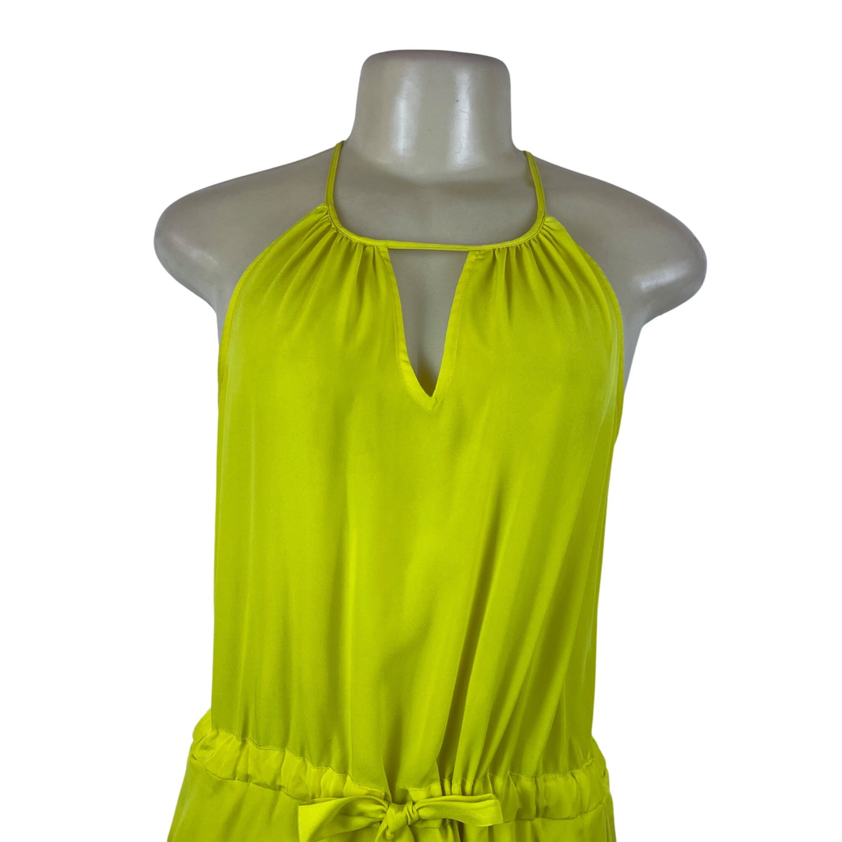 Bar III Women's Yellow Sleeveless Halter Dress W/ Tie Waist & Gray Hem Sz S