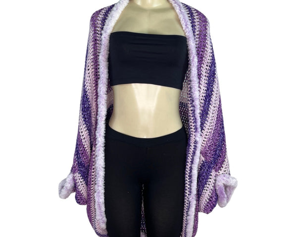 Handmade Purple & White Striped Crochet Cardigan One Size