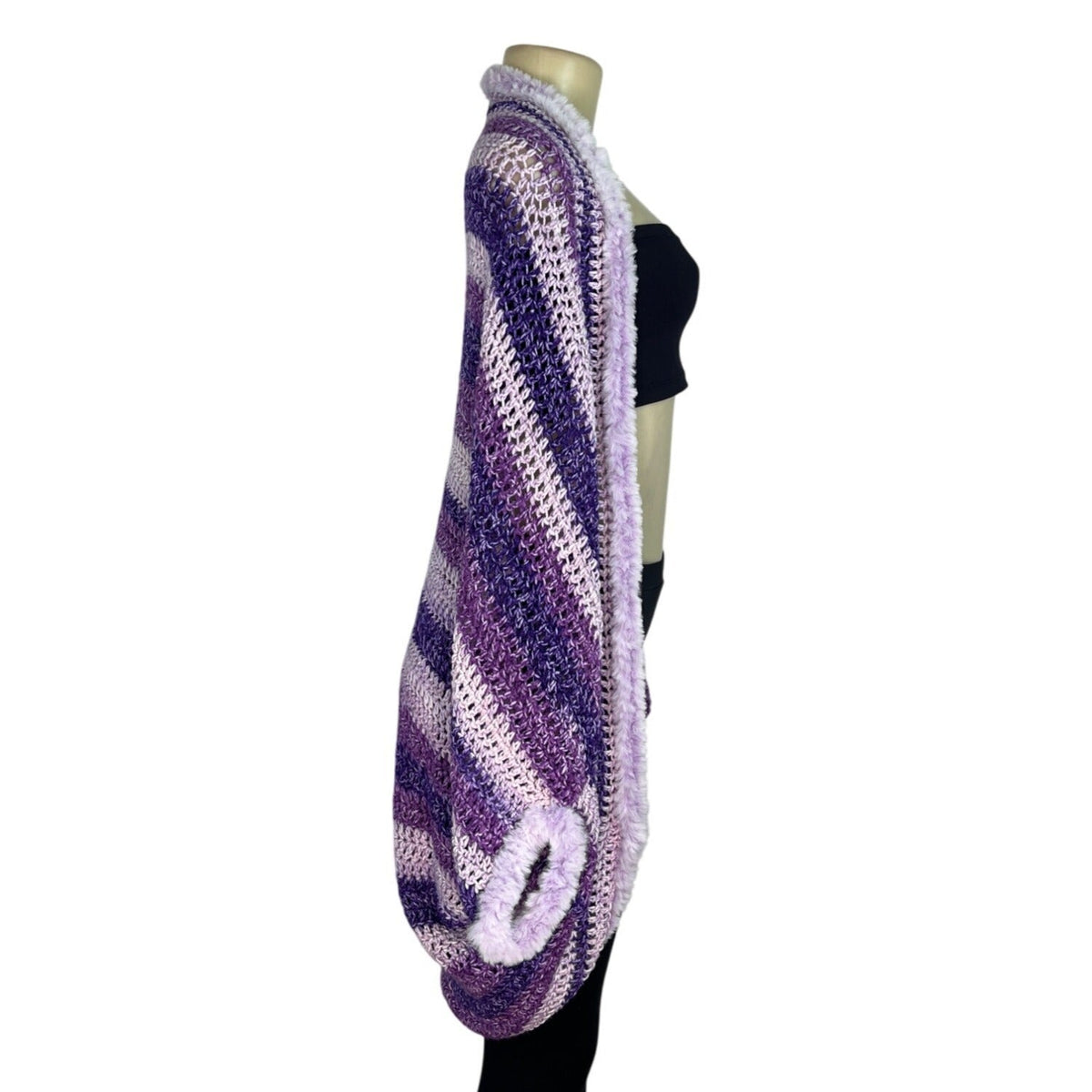 Handmade Purple & White Striped Crochet Cardigan One Size