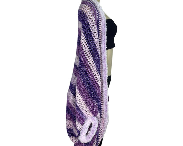 Handmade Purple & White Striped Crochet Cardigan One Size