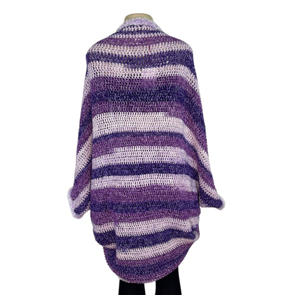 Handmade Purple & White Striped Crochet Cardigan One Size