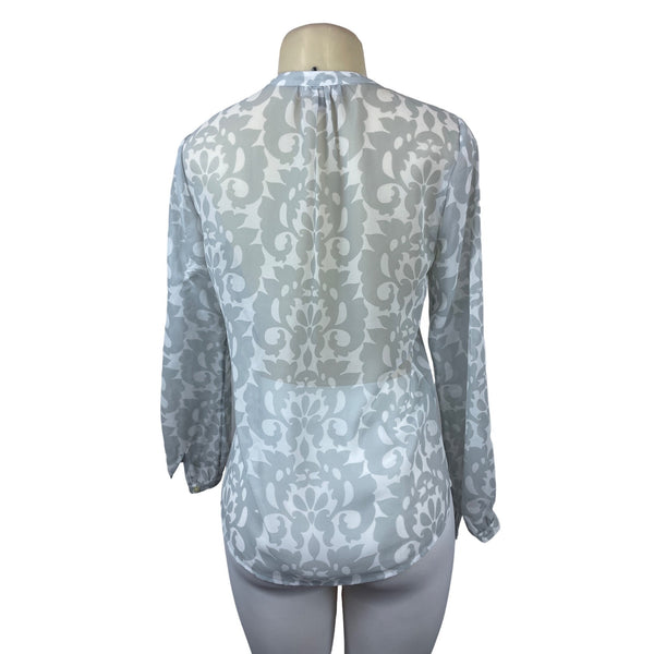 Banana Republic Women's Grey and White Sheer Long Sleeved Blouse Sz XS