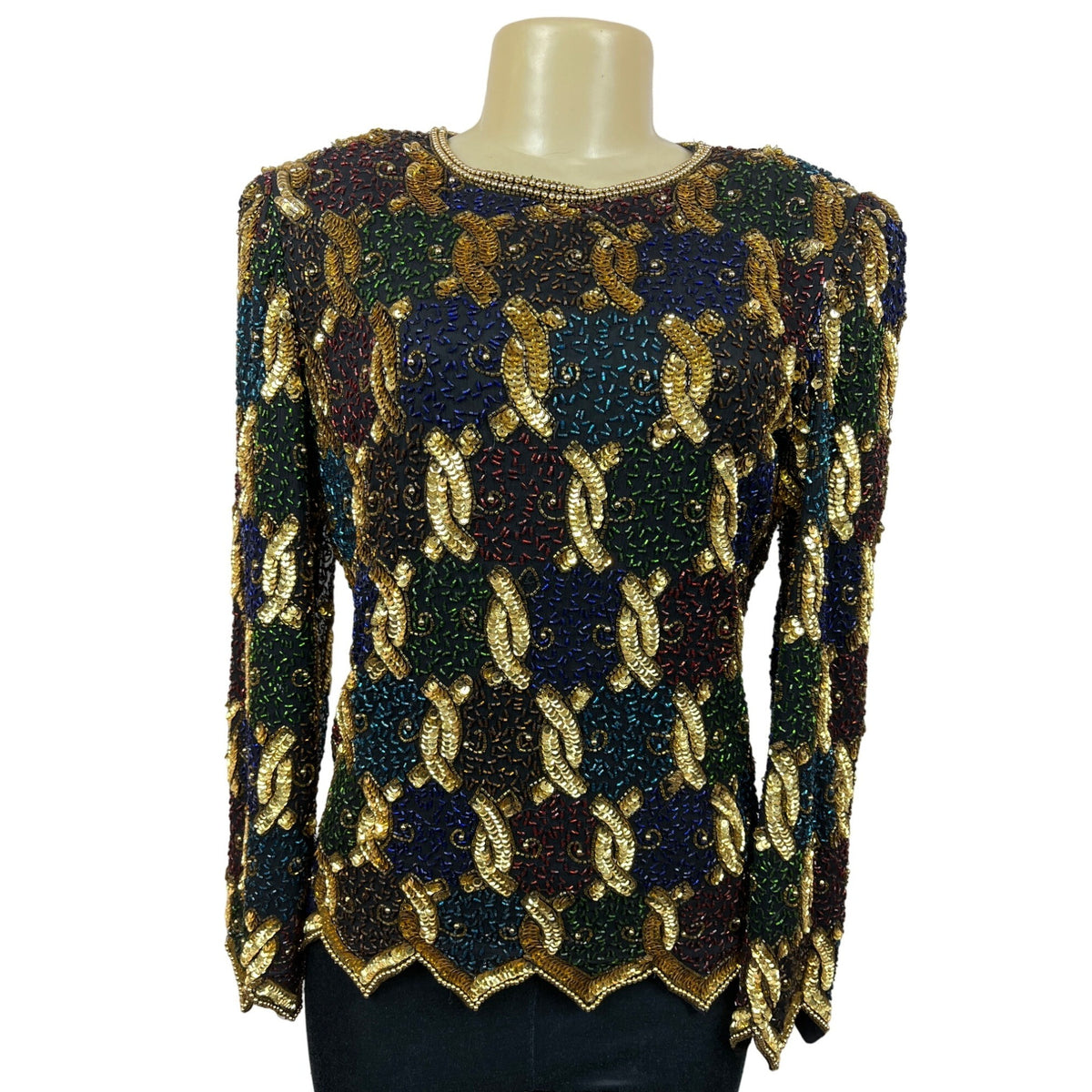 Vtg Laurence Kayan Women’s Black and Gold Beads Sequines Long Sleeve Shirt Sz S