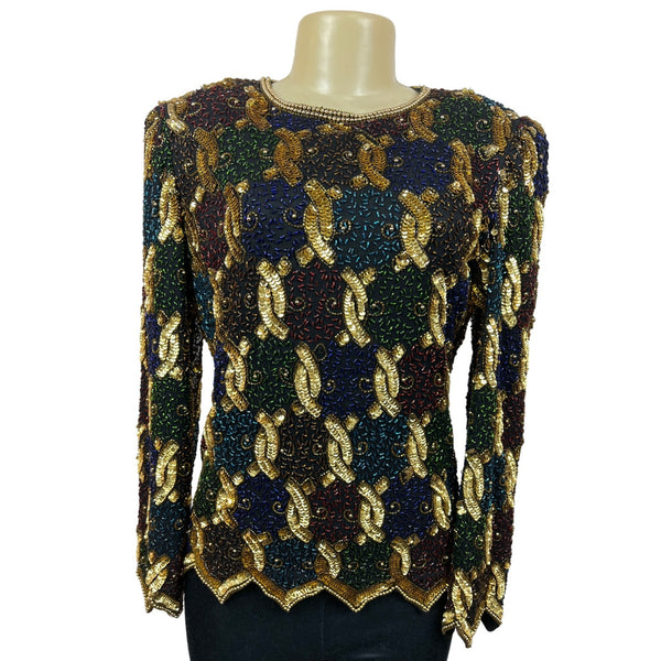 Vtg Laurence Kayan Women’s Black and Gold Beads Sequines Long Sleeve Shirt Sz S