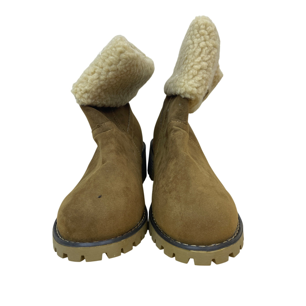 Womens Tan Suede Shearling-Lined Ankle Boots Lug Soles Fold-Over Shaft Size Unknown