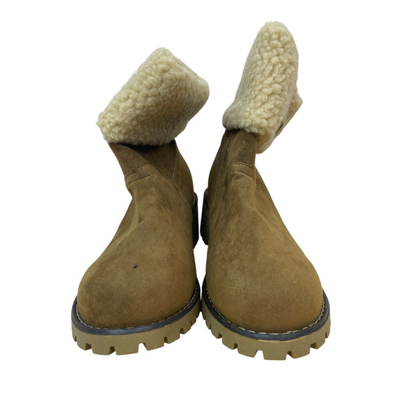 Womens Tan Suede Shearling-Lined Ankle Boots Lug Soles Fold-Over Shaft Size Unknown
