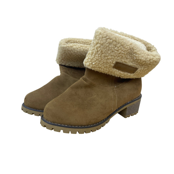 Womens Tan Suede Shearling-Lined Ankle Boots Lug Soles Fold-Over Shaft Size Unknown