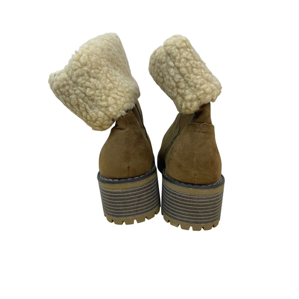 Womens Tan Suede Shearling-Lined Ankle Boots Lug Soles Fold-Over Shaft Size Unknown
