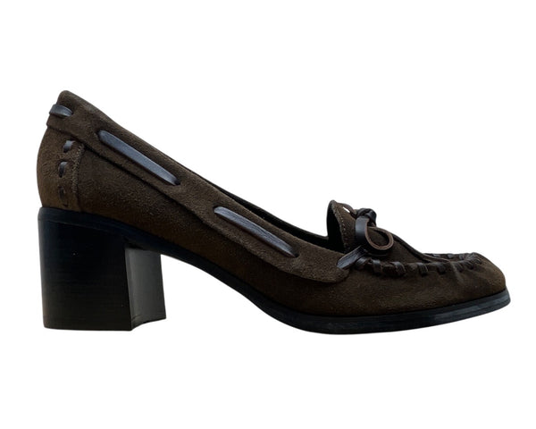 Somethin’ Else By Skechers Brown Suede Moccasin Heels Leather Ribbon Bow Sz 6.5H