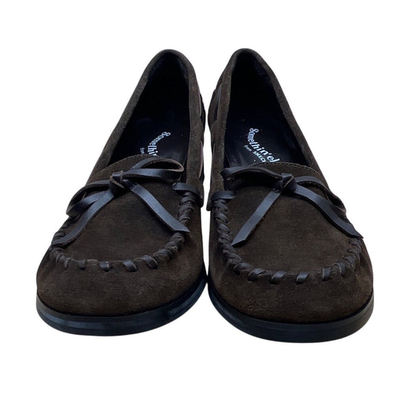 Somethin’ Else By Skechers Brown Suede Moccasin Heels Leather Ribbon Bow Sz 6.5H