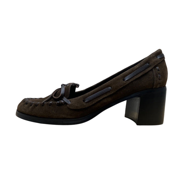Somethin’ Else By Skechers Brown Suede Moccasin Heels Leather Ribbon Bow Sz 6.5H
