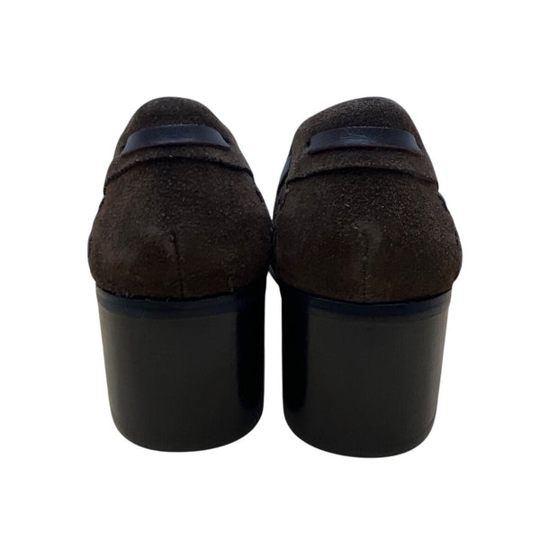 Somethin’ Else By Skechers Brown Suede Moccasin Heels Leather Ribbon Bow Sz 6.5H