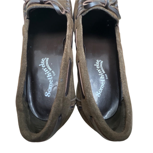 Somethin’ Else By Skechers Brown Suede Moccasin Heels Leather Ribbon Bow Sz 6.5H