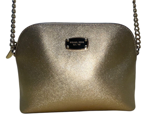 Michael Kors Metallic Gold Tone Chain Strap & Logo Plate Crossbody Bag Sz M