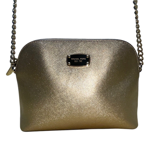 Michael Kors Metallic Gold Tone Chain Strap & Logo Plate Crossbody Bag Sz M