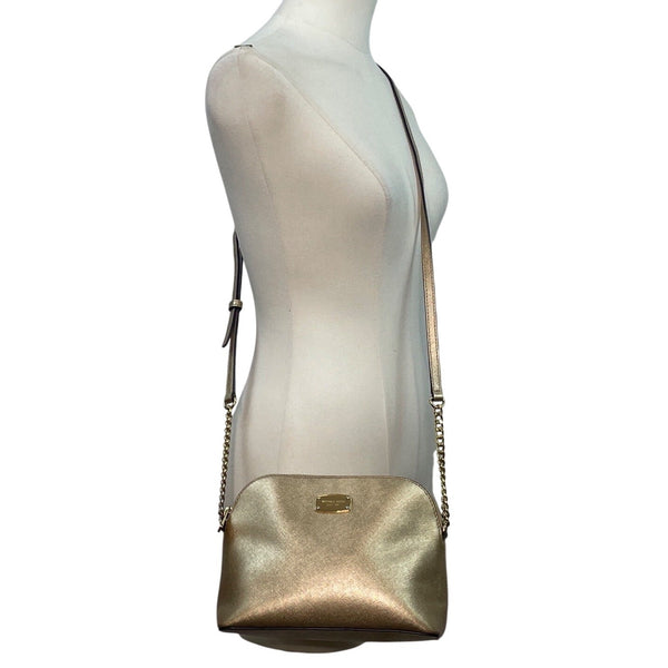 Michael Kors Metallic Gold Tone Chain Strap & Logo Plate Crossbody Bag Sz M