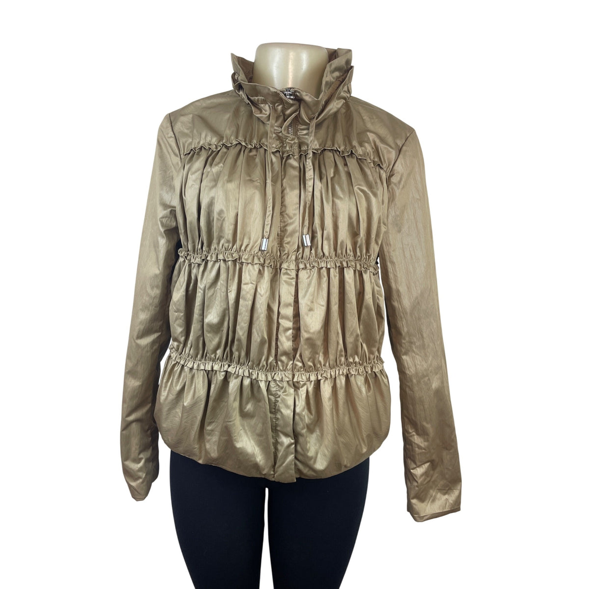 Nine West Women’s Gold Ruffle Cinched Jacket W/ Drawstring Hood Size S