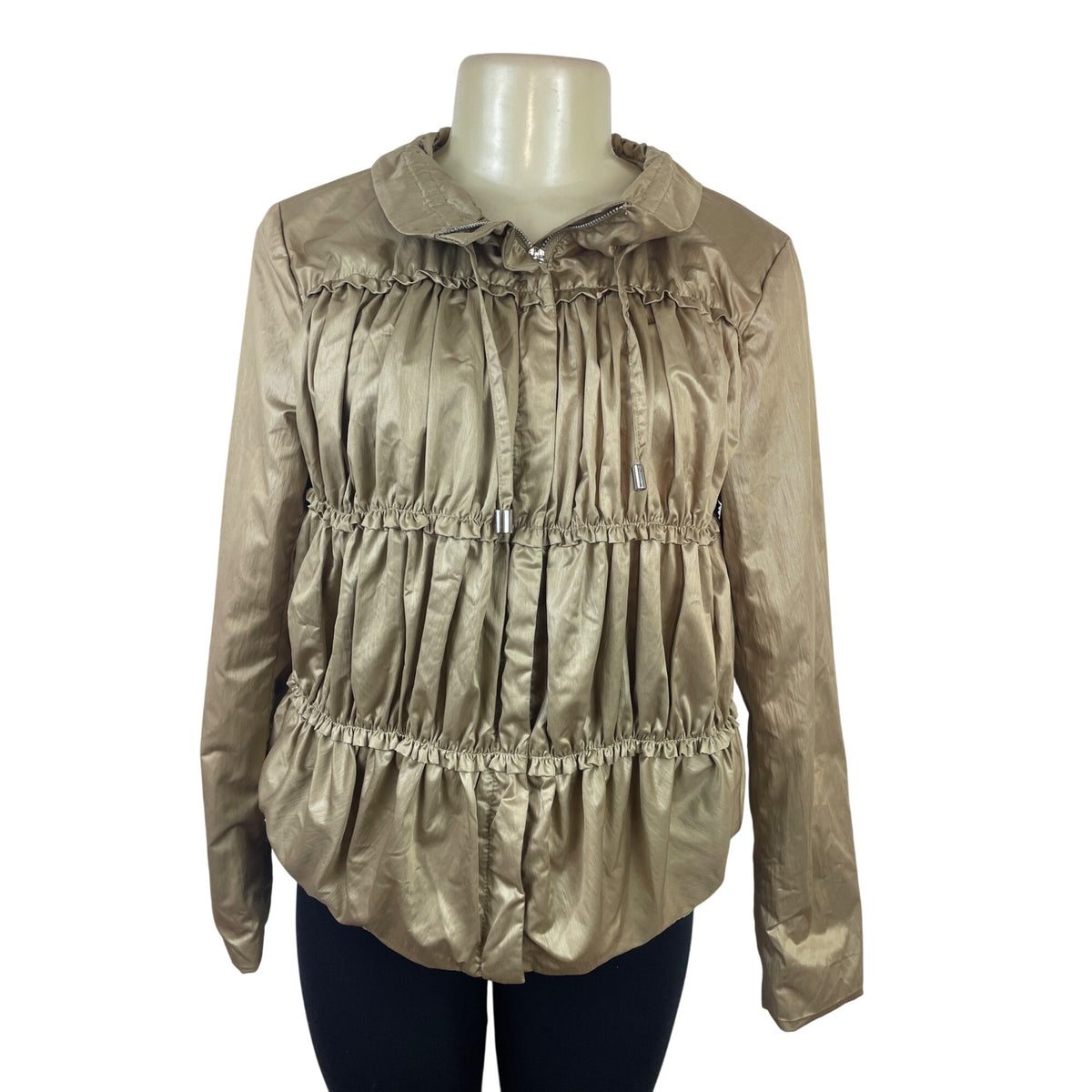 Nine West Women’s Gold Ruffle Cinched Jacket W/ Drawstring Hood Size S