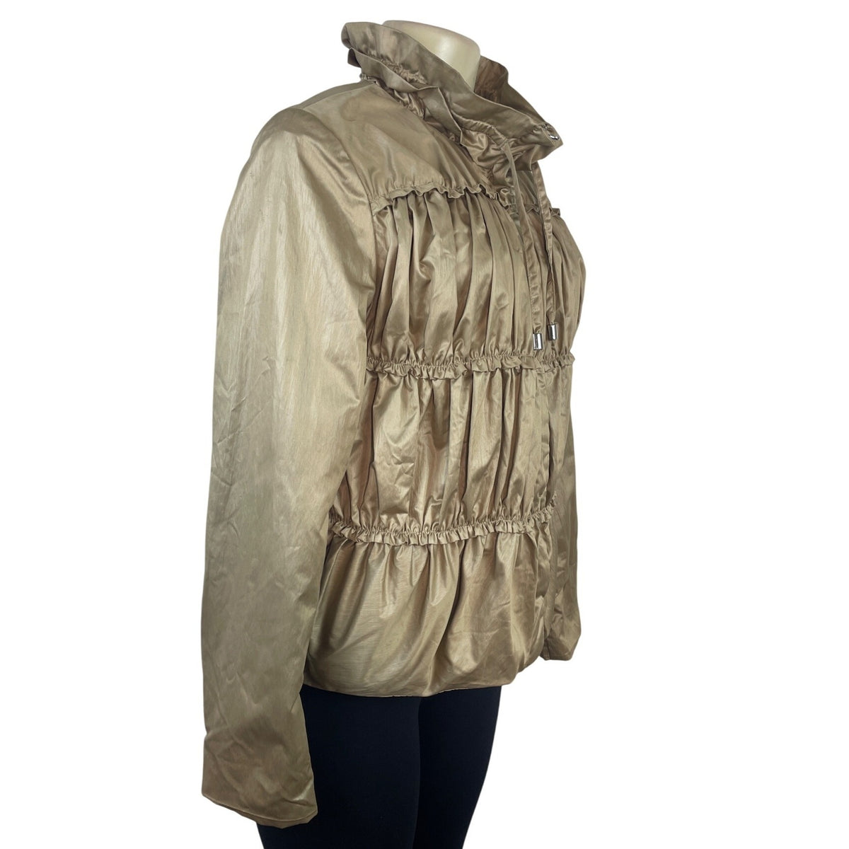 Nine West Women’s Gold Ruffle Cinched Jacket W/ Drawstring Hood Size S