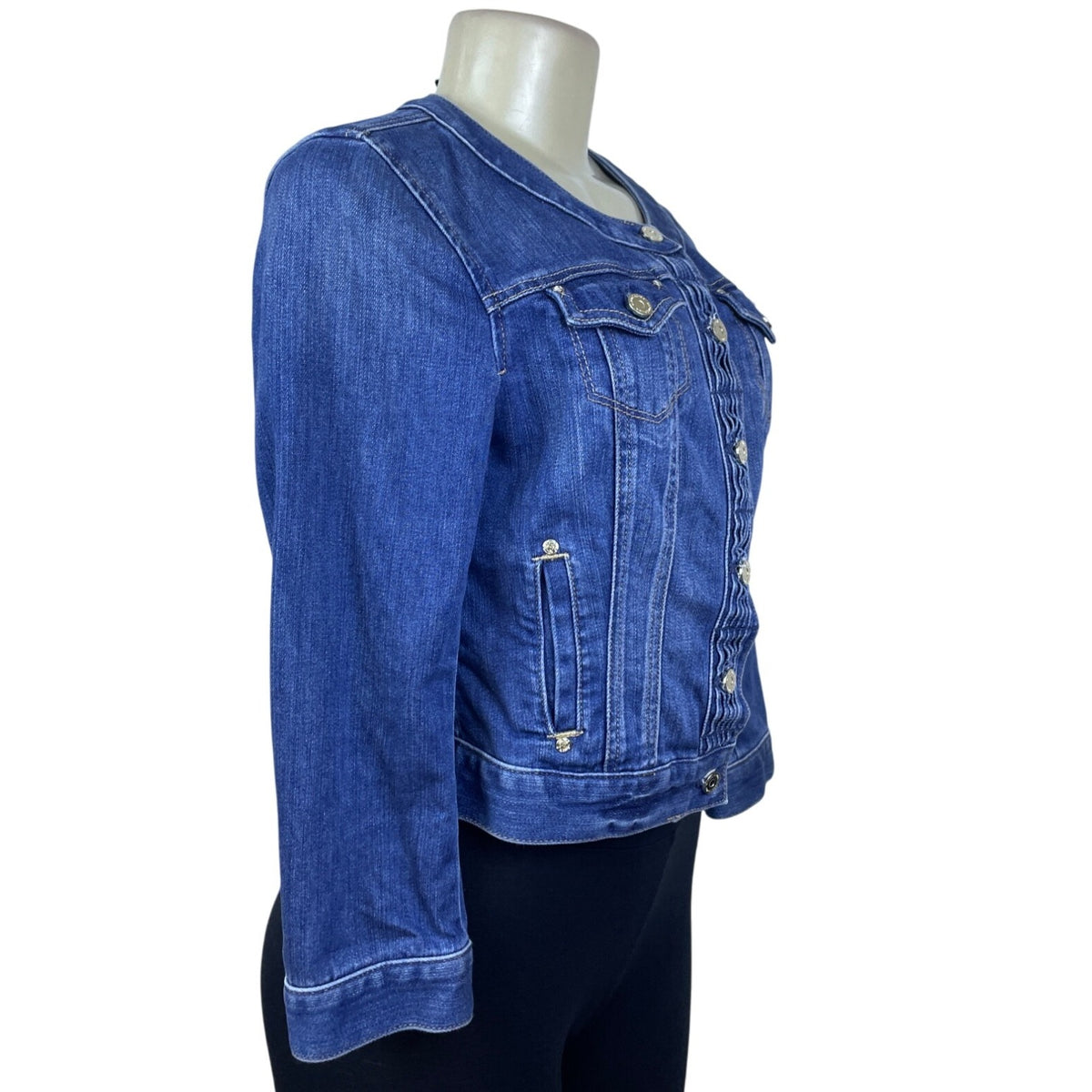 White House Black Market Women’s Blue Denim Button Front Fitted Jacket Size 4