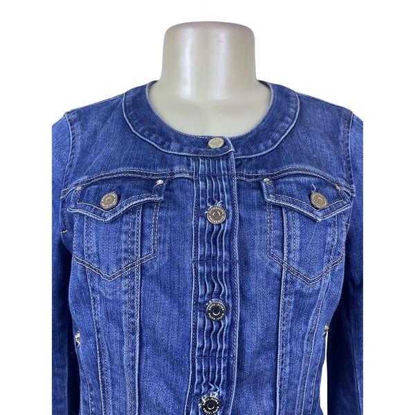White House Black Market Women’s Blue Denim Button Front Fitted Jacket Size 4