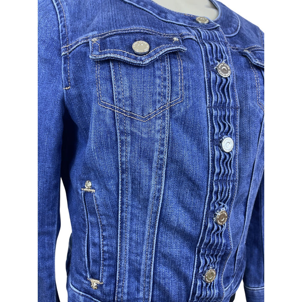 White House Black Market Women’s Blue Denim Button Front Fitted Jacket Size 4