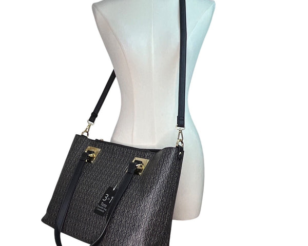 Marc New York Women’s Black Monogram Faux Leather Gold Accent 3-In-1 Tote Bag Sz L