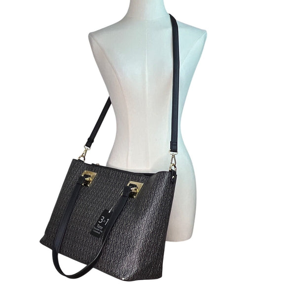 Marc New York Women’s Black Monogram Faux Leather Gold Accent 3-In-1 Tote Bag Sz L