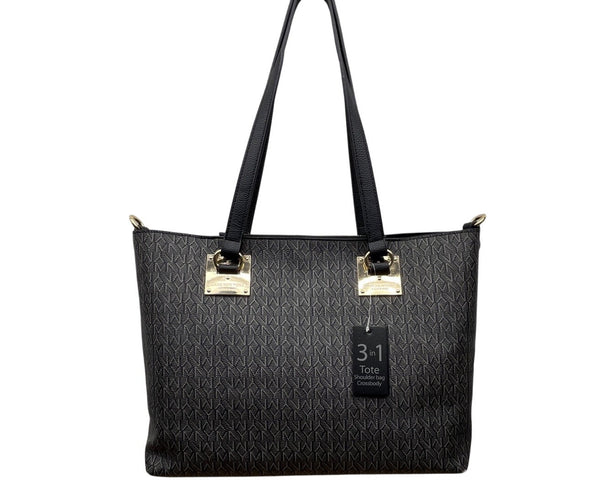 Marc New York Women’s Black Monogram Faux Leather Gold Accent 3-In-1 Tote Bag Sz L
