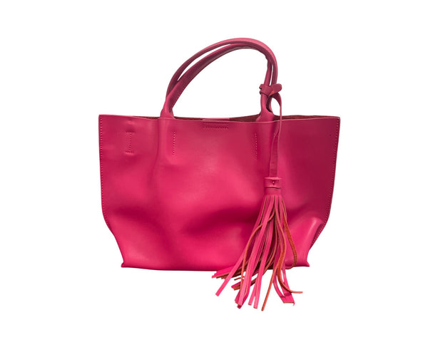 Bright Pink Leather Tote Bag With Tassel Accent & Magnetic Snap Closure