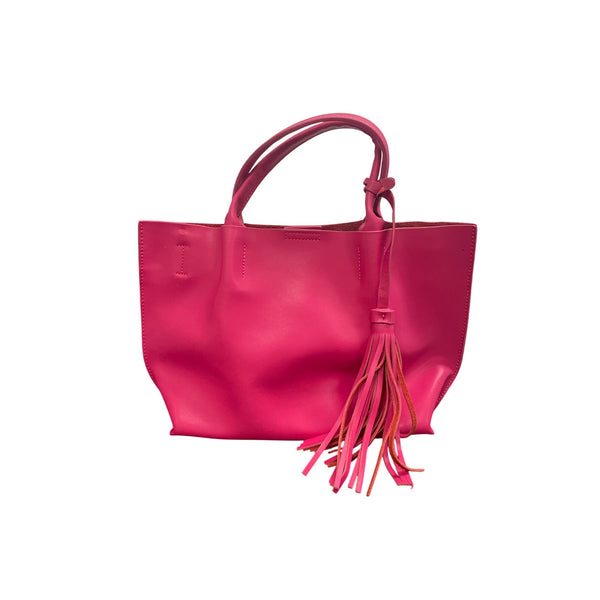 Bright Pink Leather Tote Bag With Tassel Accent & Magnetic Snap Closure