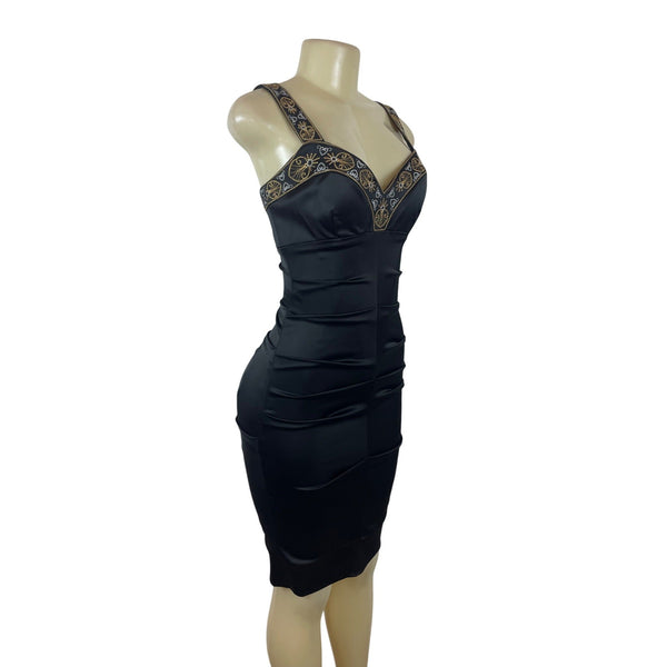 Cache Womens Embroidered Satin Bodycon Dress With Beaded Straps Size 2