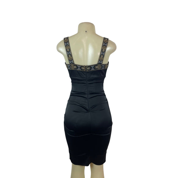 Cache Womens Embroidered Satin Bodycon Dress With Beaded Straps Size 2