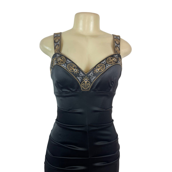 Cache Womens Embroidered Satin Bodycon Dress With Beaded Straps Size 2