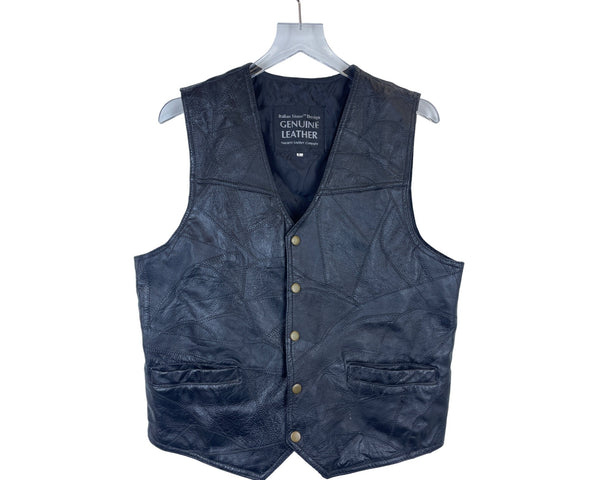 Italian Stone Design Mens Black Genuine Leather Vest Snap Pockets Lined Patchwork Style Large