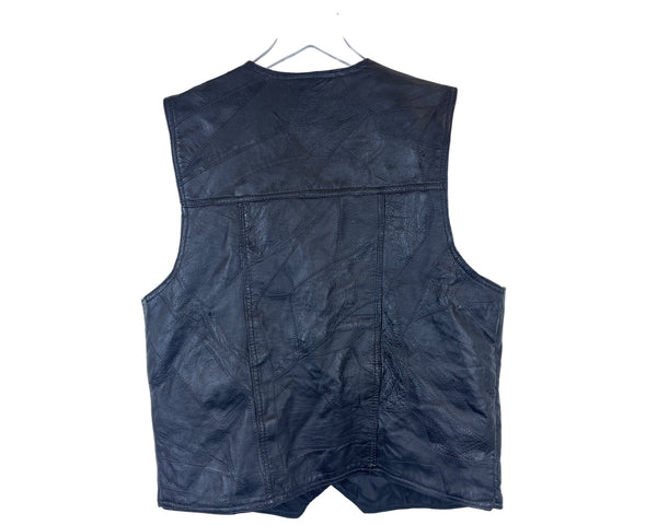 Italian Stone Design Mens Black Genuine Leather Vest Snap Pockets Lined Patchwork Style Large