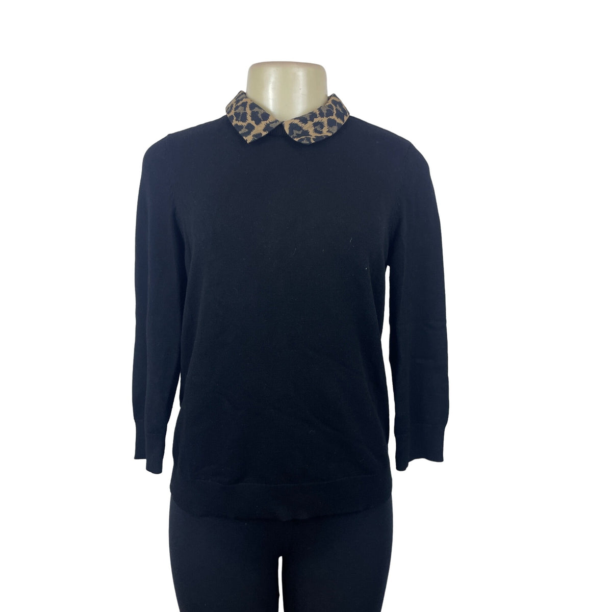 Talbots Women's Black Sweater With Leopard Print Collar & Button Closure Sz SP