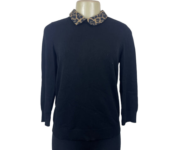 Talbots Women's Black Sweater With Leopard Print Collar & Button Closure Sz SP
