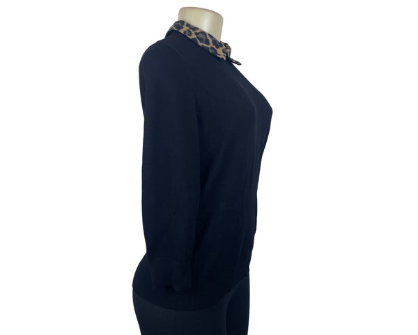 Talbots Women's Black Sweater With Leopard Print Collar & Button Closure Sz SP