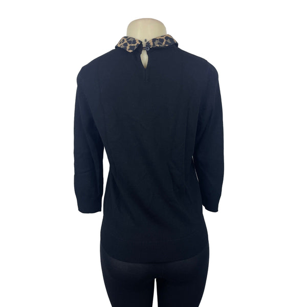 Talbots Women's Black Sweater With Leopard Print Collar & Button Closure Sz SP