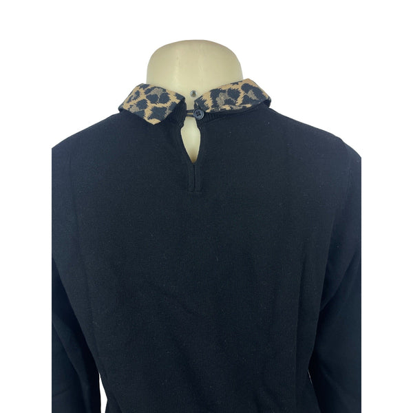 Talbots Women's Black Sweater With Leopard Print Collar & Button Closure Sz SP