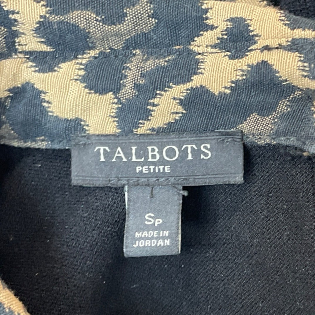 Talbots Women's Black Sweater With Leopard Print Collar & Button Closure Sz SP