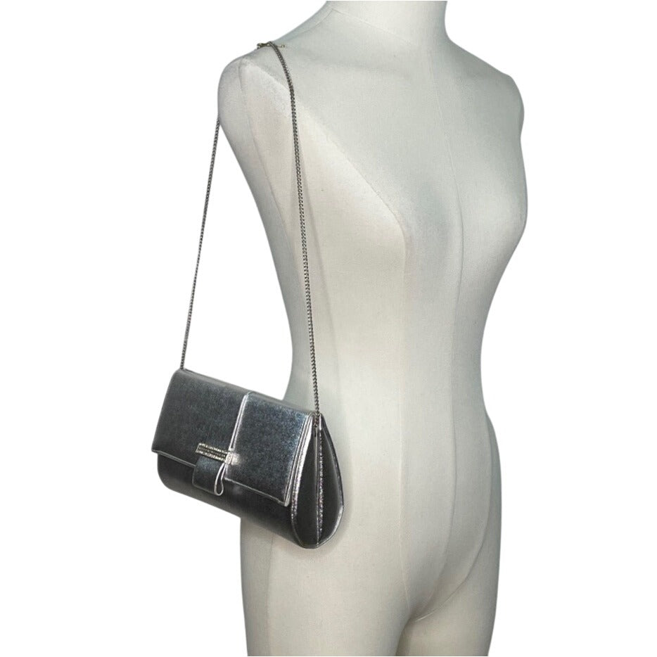 Andé Women’s Silver Rhinestone Accent & Chain Strap Evening Clutch Purse Sz S