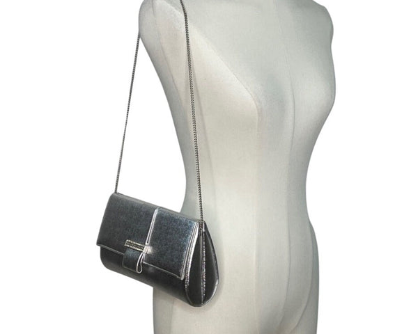Andé Women’s Silver Rhinestone Accent & Chain Strap Evening Clutch Purse Sz S