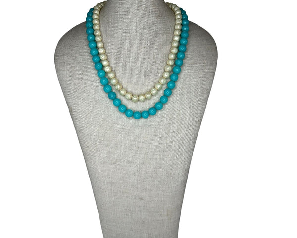 Vintage Aqua Colored And White Pearls Necklace - 21in