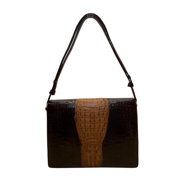 Women’s Brown Two-Tone Genuine Crocodile Leather Adjustable Strap Shoulder Bag