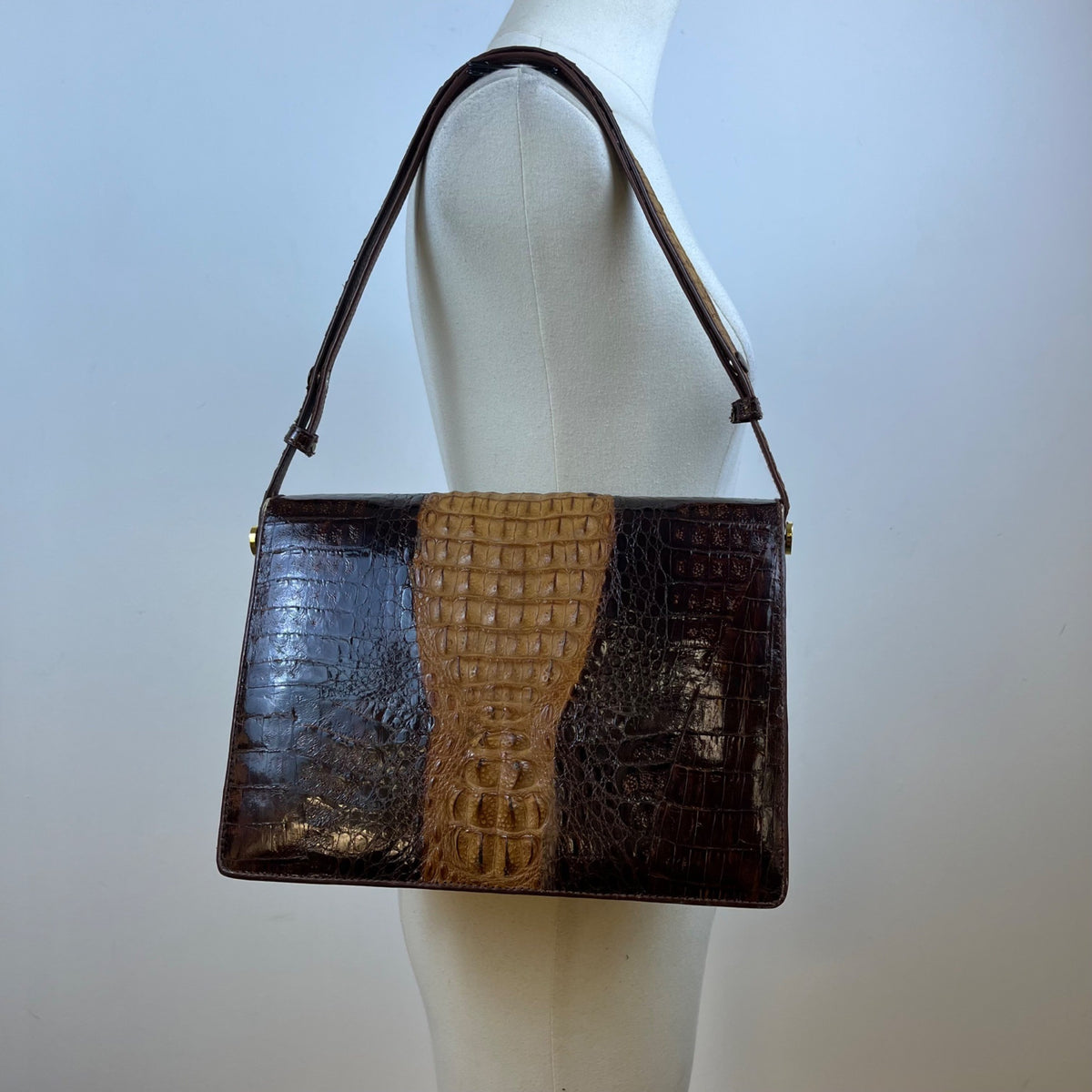 Women’s Brown Two-Tone Genuine Crocodile Leather Adjustable Strap Shoulder Bag