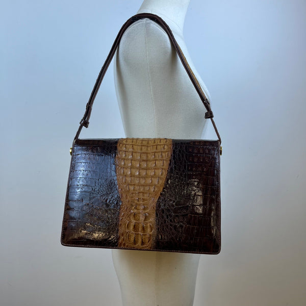 Women’s Brown Two-Tone Genuine Crocodile Leather Adjustable Strap Shoulder Bag